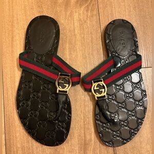 Gucci Black Sandals with Red and Green Straps